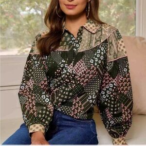 Green and Pink Patchwork Blouse